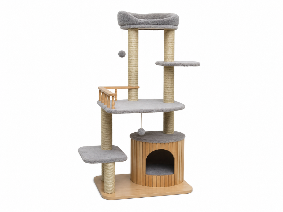 Multi-level indoor cat tree with scratching posts and resting platforms
